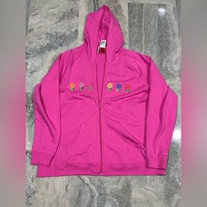 Quacker Factory Vibrant Pink full zip hoodie with Floral Embroidery